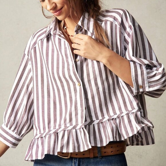 Brown Casual Women's Woven Striped Shirt Vacation natuical beachy travel europe - Picture 1 of 8